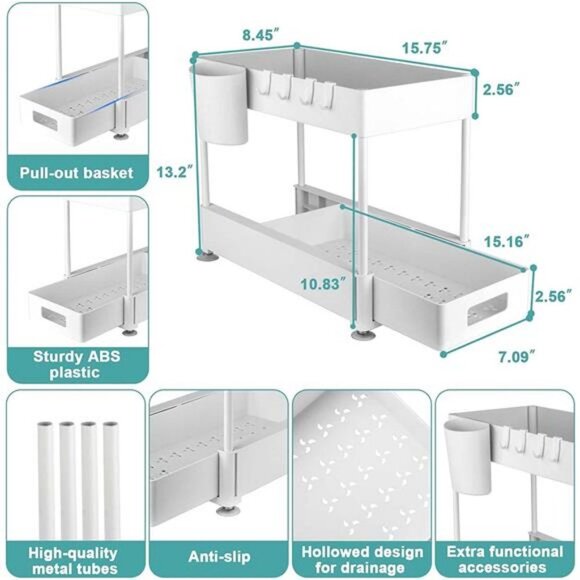 2-Tier Pull Out under sink organizers and storage, bathroom organizer with Hook - Picture 10 of 12